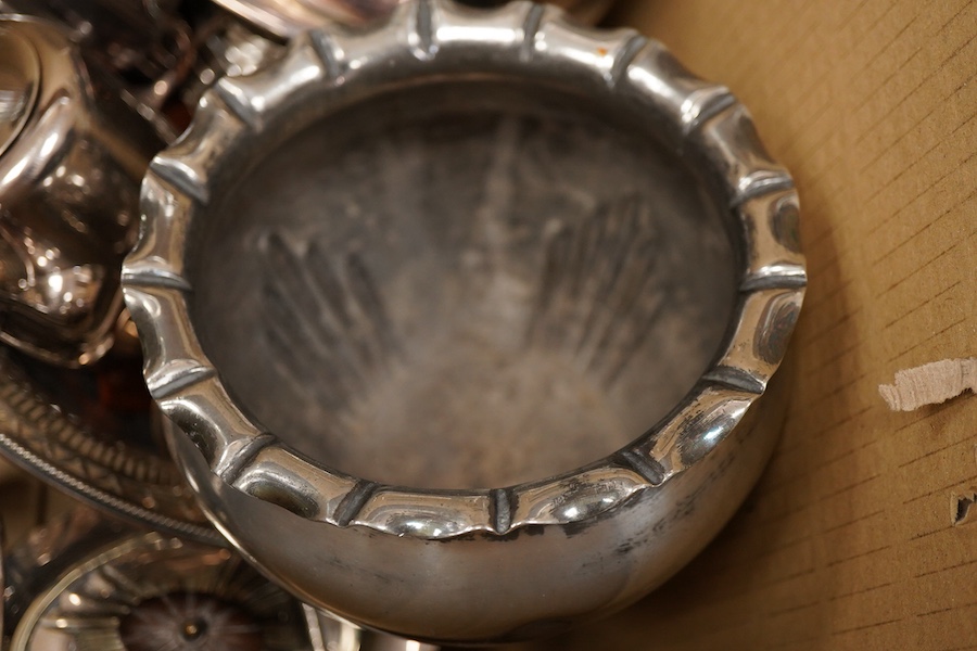 A collection of electroplate including a meat dome- 31cm wide, a kettle on stand, a pair of candle sticks etc